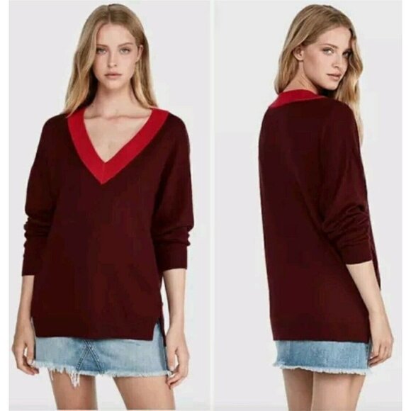 NWT EXPRESS Womens Burgundy Red Oversized Deep V-Neck Tunic Sweater Size S - Picture 2 of 3